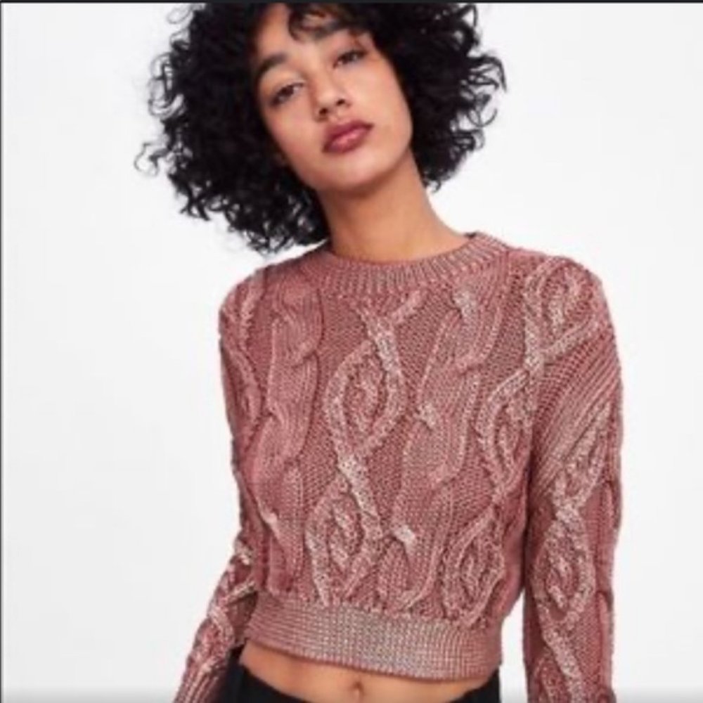 ZARA Mauve Metallic Cable Knit Cropped Sweater
